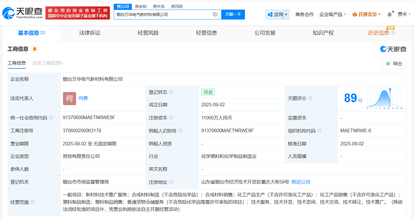 萬華化學(xué)、東方電纜等在煙臺(tái)成立新材料公司 注冊資本1.1億:公司注冊
